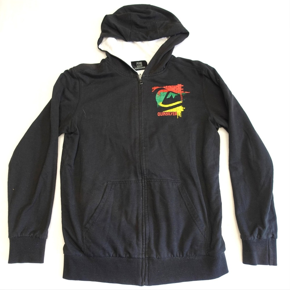 Quiksilver Hoodie Mens M Black Reversible Full Zip Santa Beach Graphic Pockets